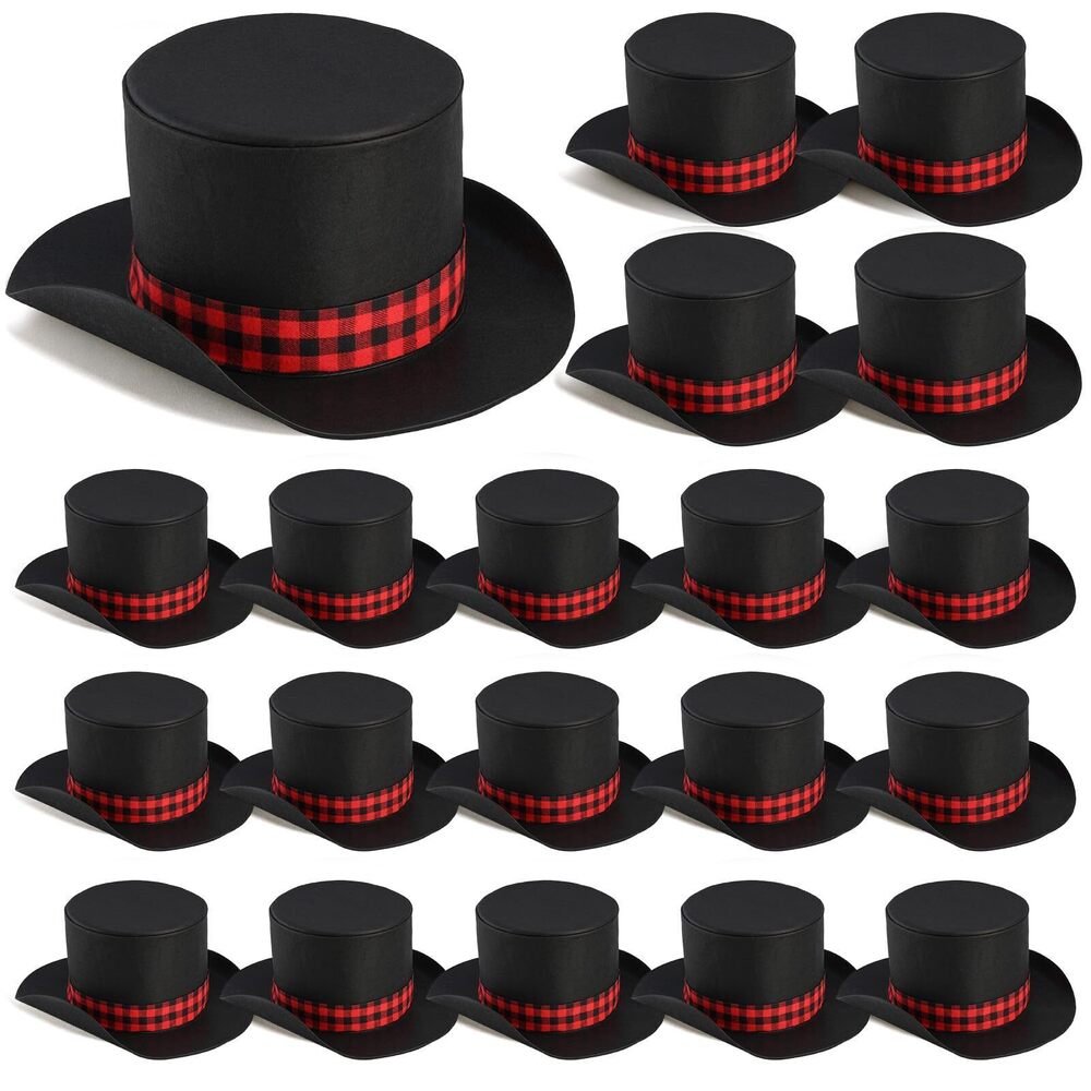 2659 20 Pcs Christmas Snowman Top Hat with Plaid Band Tree Topper Christmas